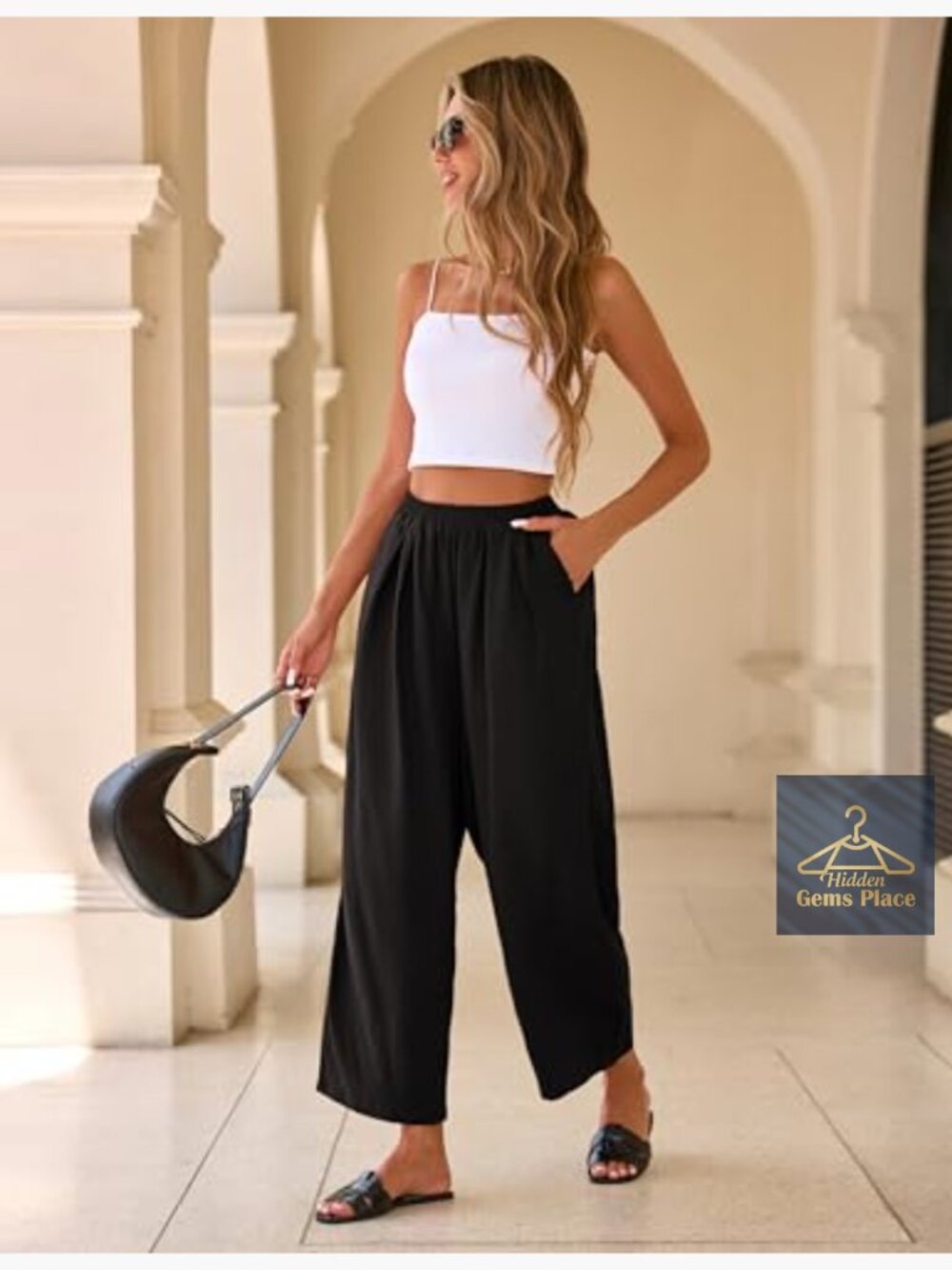Linen Blend Wide Leg Crop Capri Pants with Pockets - Picture 5 of 7